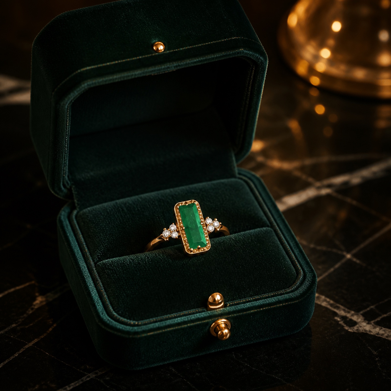 Émeraude rectangular green gemstone ring in a forest velvet box