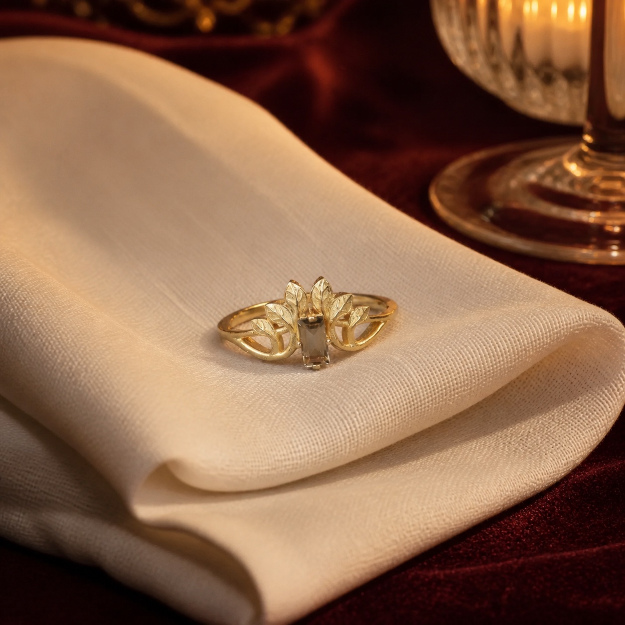 Fumée smoky quartz leaf ring on an ivory restaurant napkin