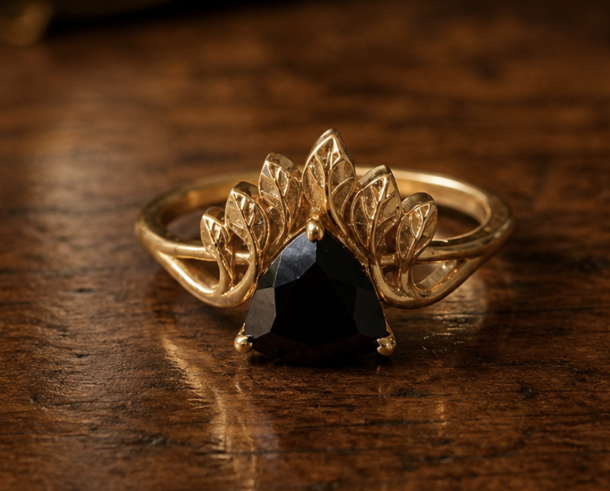 Nocturne black onyx ring in its warm gold leaf setting on an antique wooden dresser