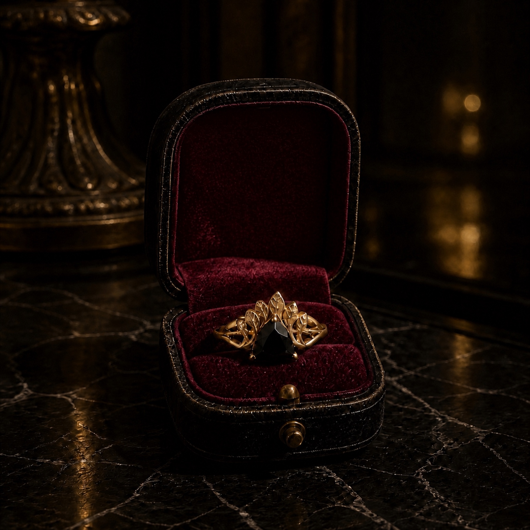 Nocturne black onyx ring in an antique burgundy velvet box