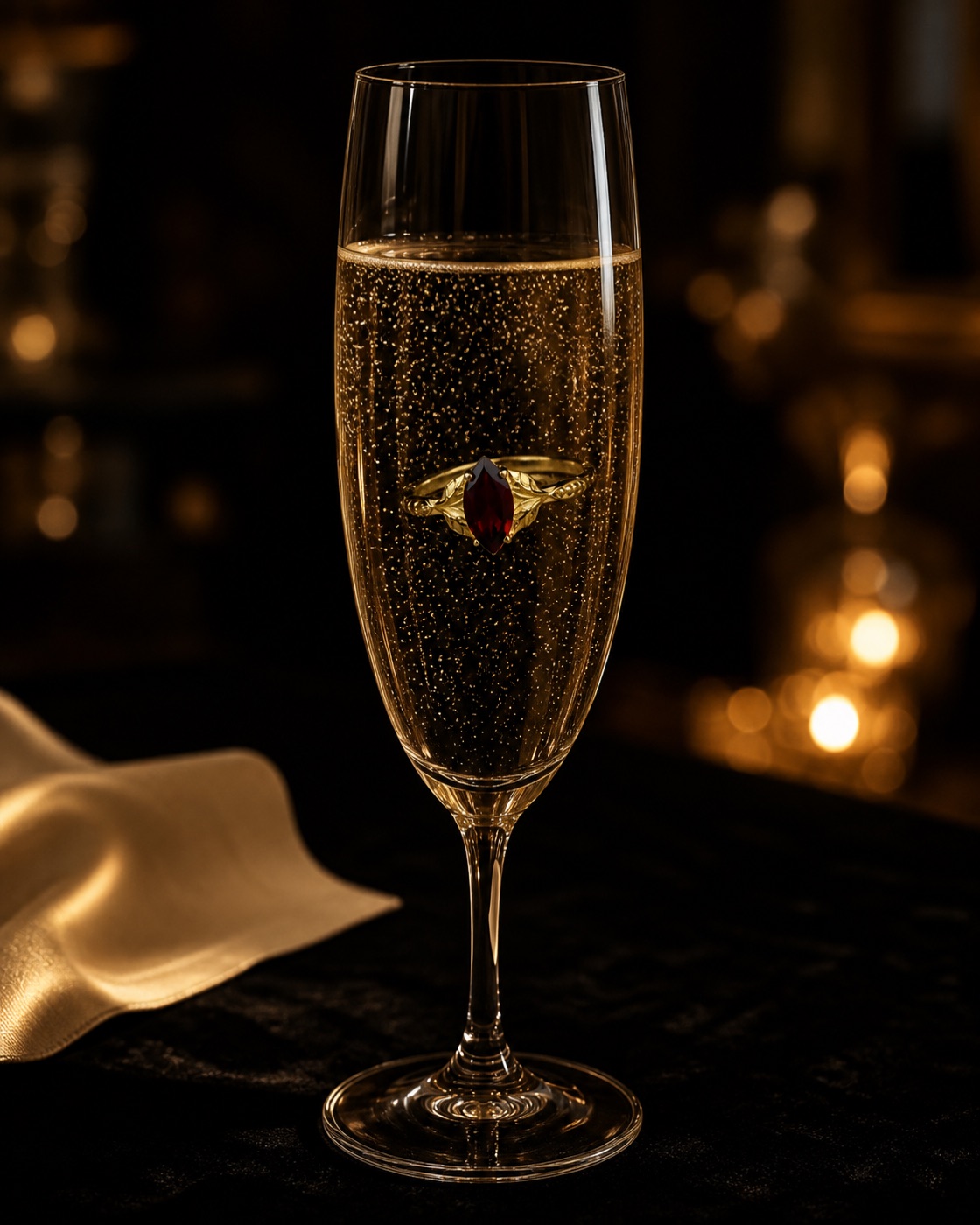 Colette garnet ring suspended in a champagne flute