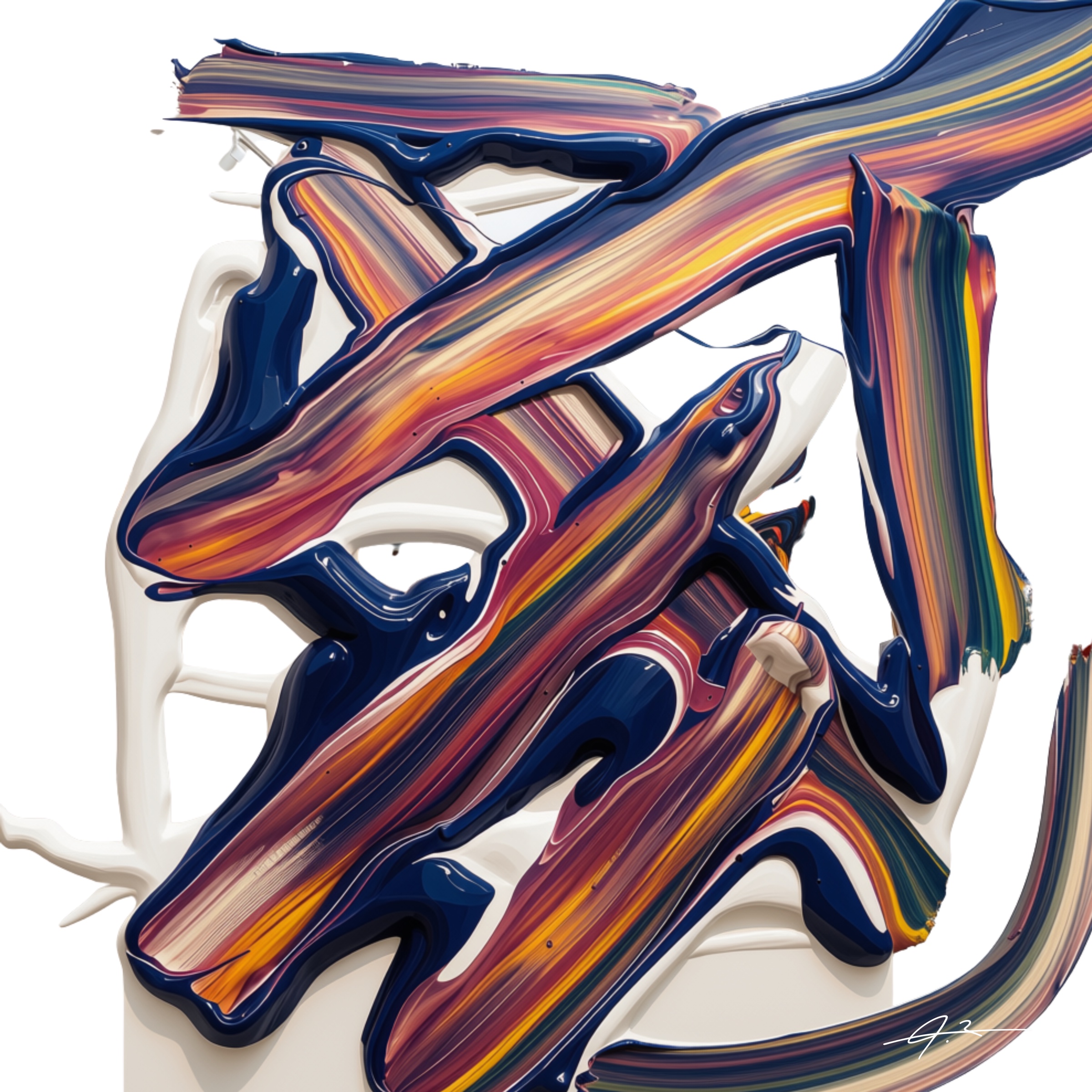 Signed sweeping navy, orange and multicolour abstract artwork from The Shadow Box