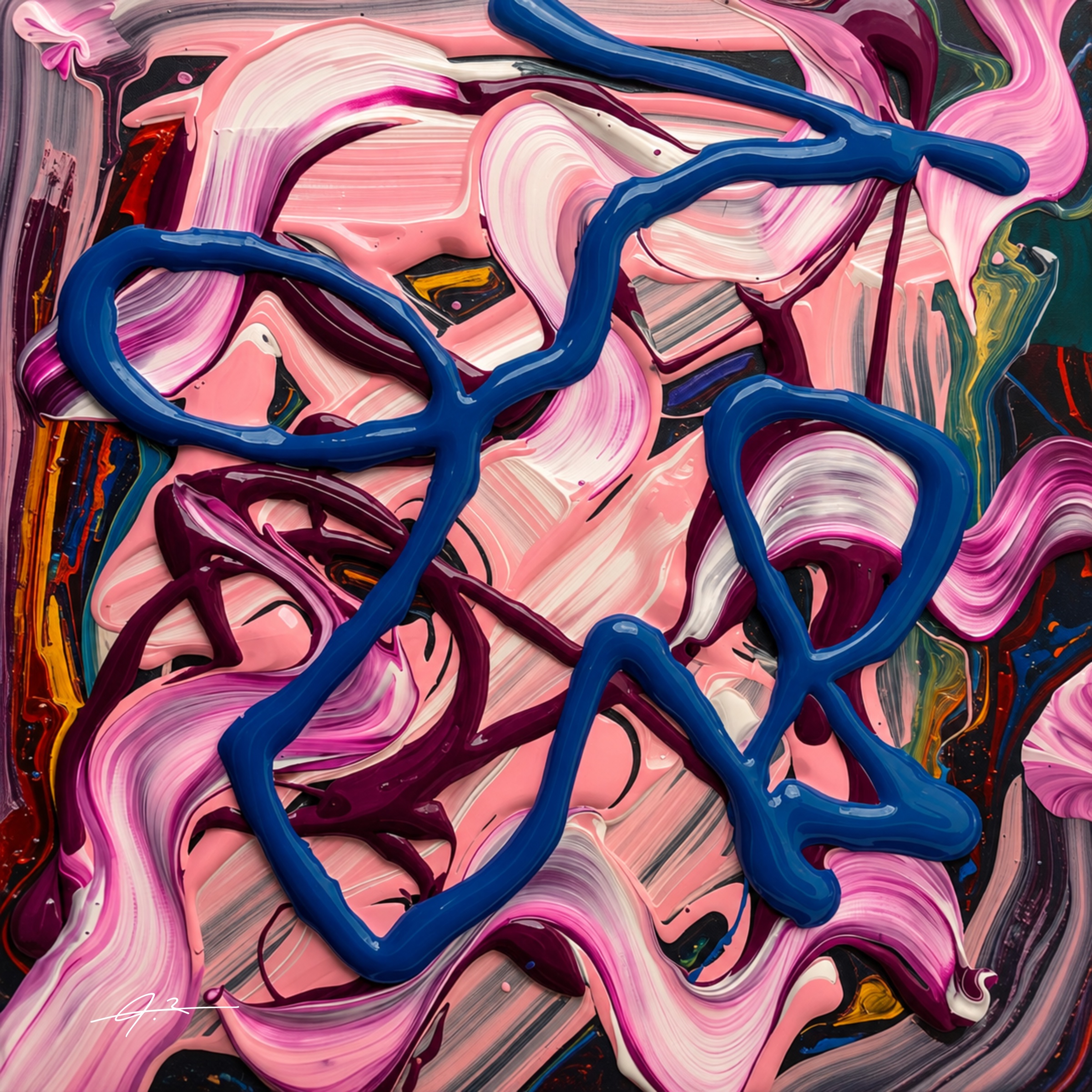 Signed pink, burgundy and cobalt abstract artwork from The Shadow Box
