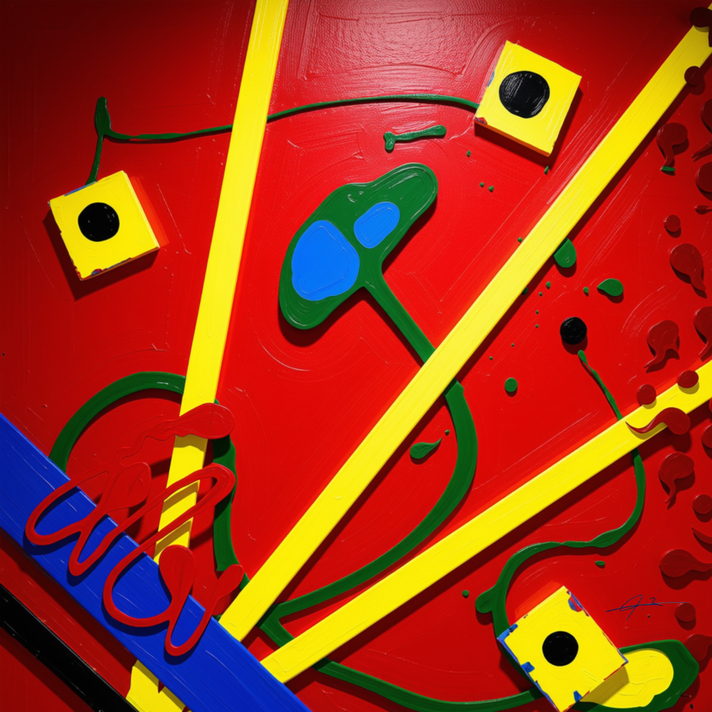 Signed red, yellow and blue graphic abstract artwork from The Shadow Box