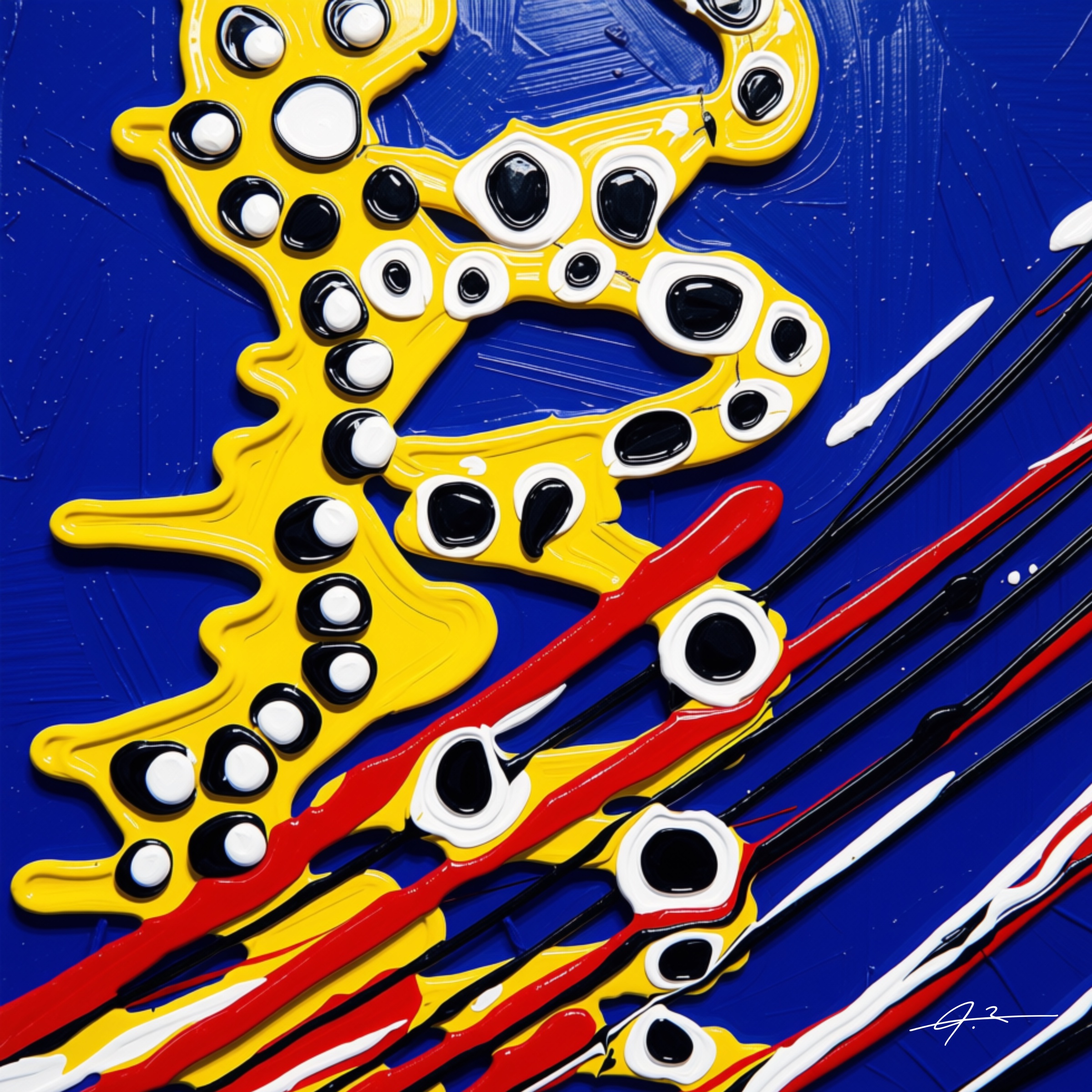 Signed royal blue, yellow and white graphic abstract artwork from The Shadow Box