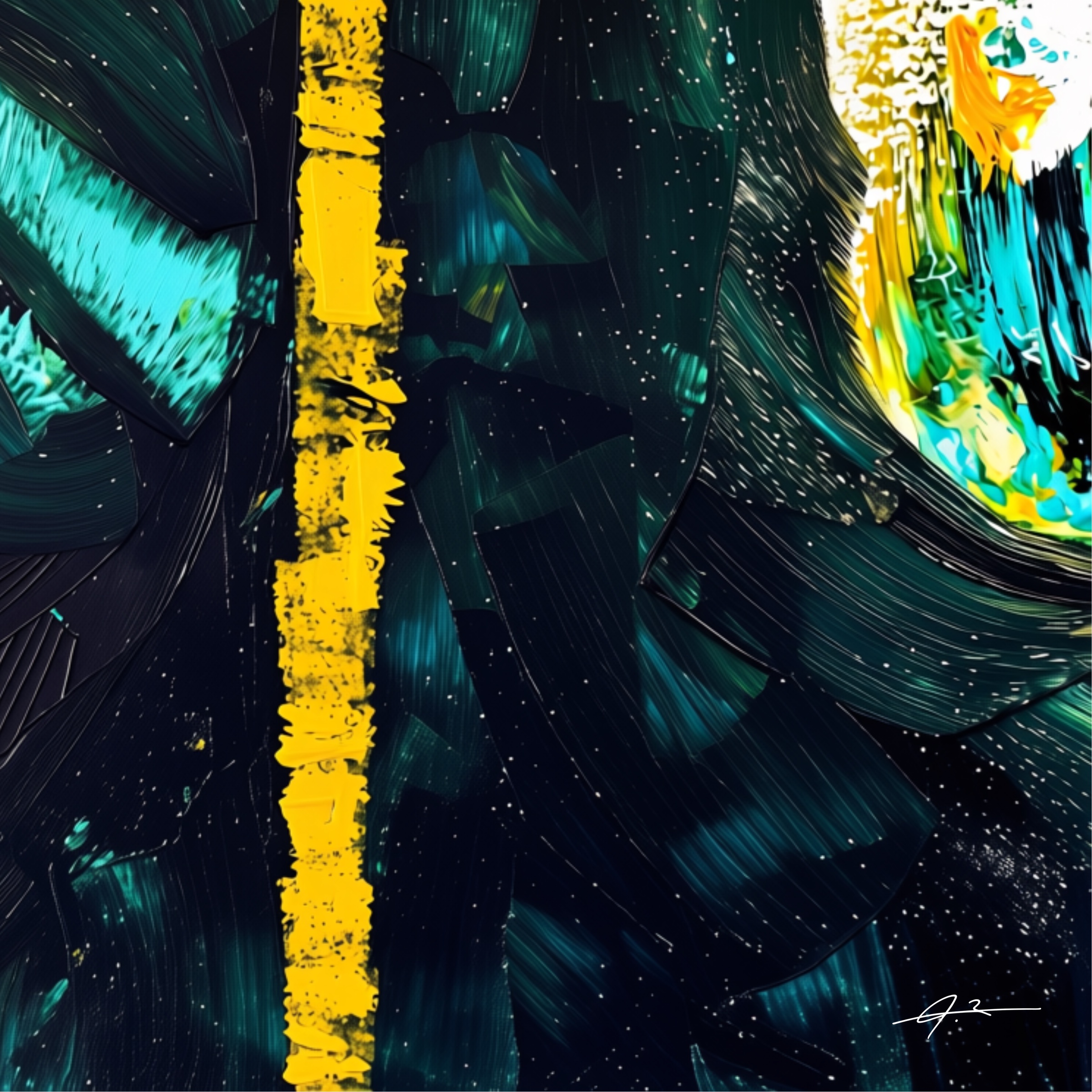 Signed deep teal, black and yellow abstract artwork from The Shadow Box