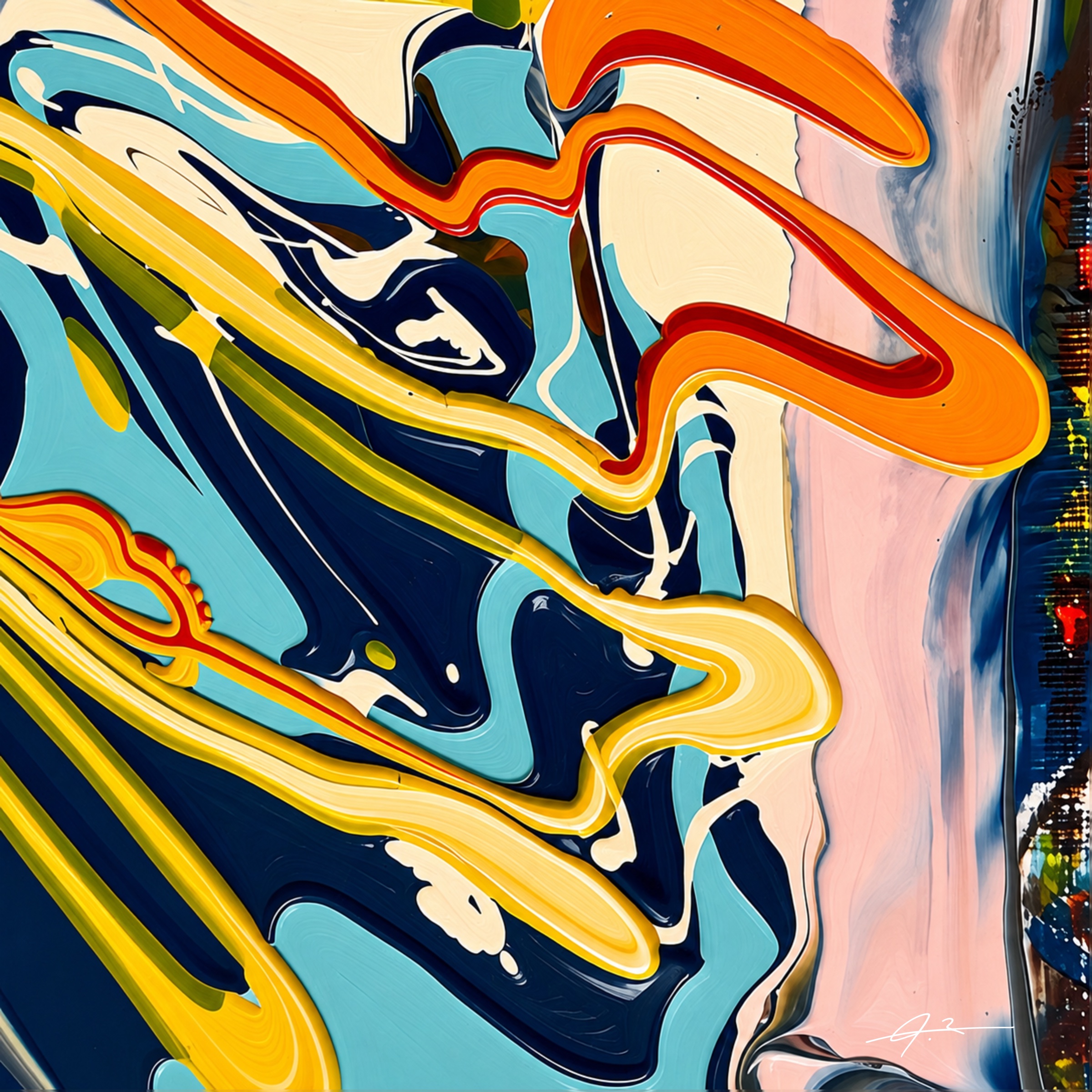 Signed turquoise, navy, orange and yellow abstract artwork from The Shadow Box