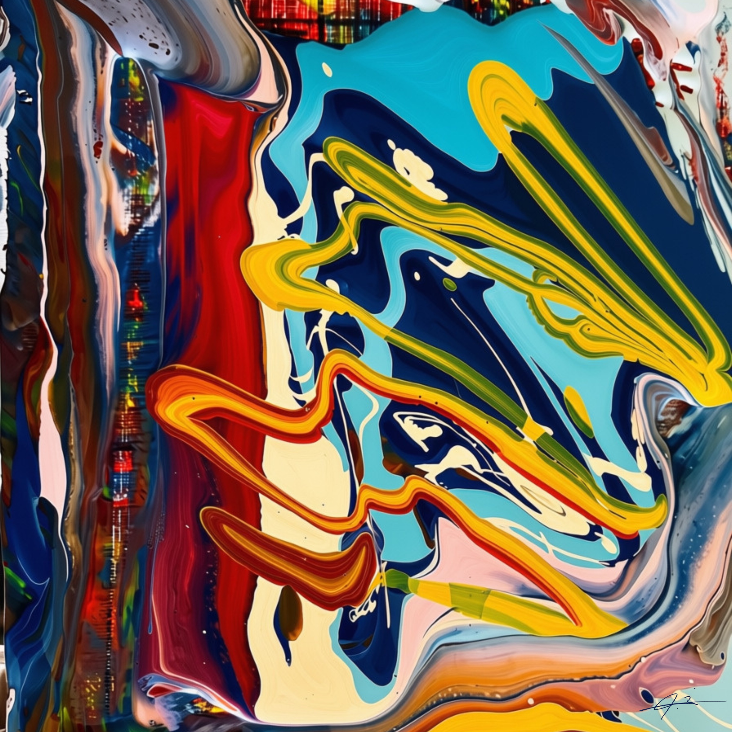 Signed abstract artwork in turquoise, cobalt, orange and yellow from The Shadow Box