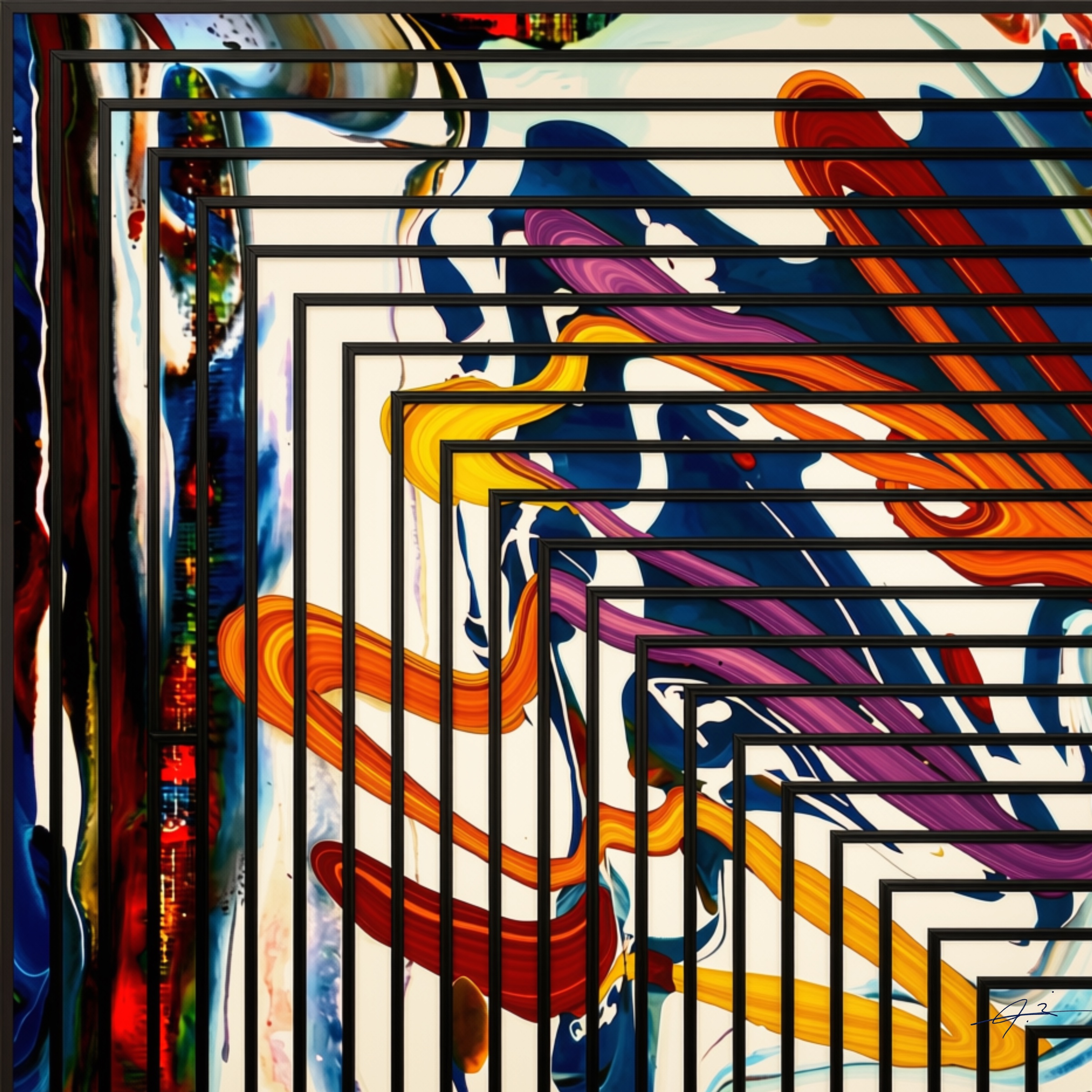 Signed layered abstract artwork with dark frames and vivid colour from The Shadow Box