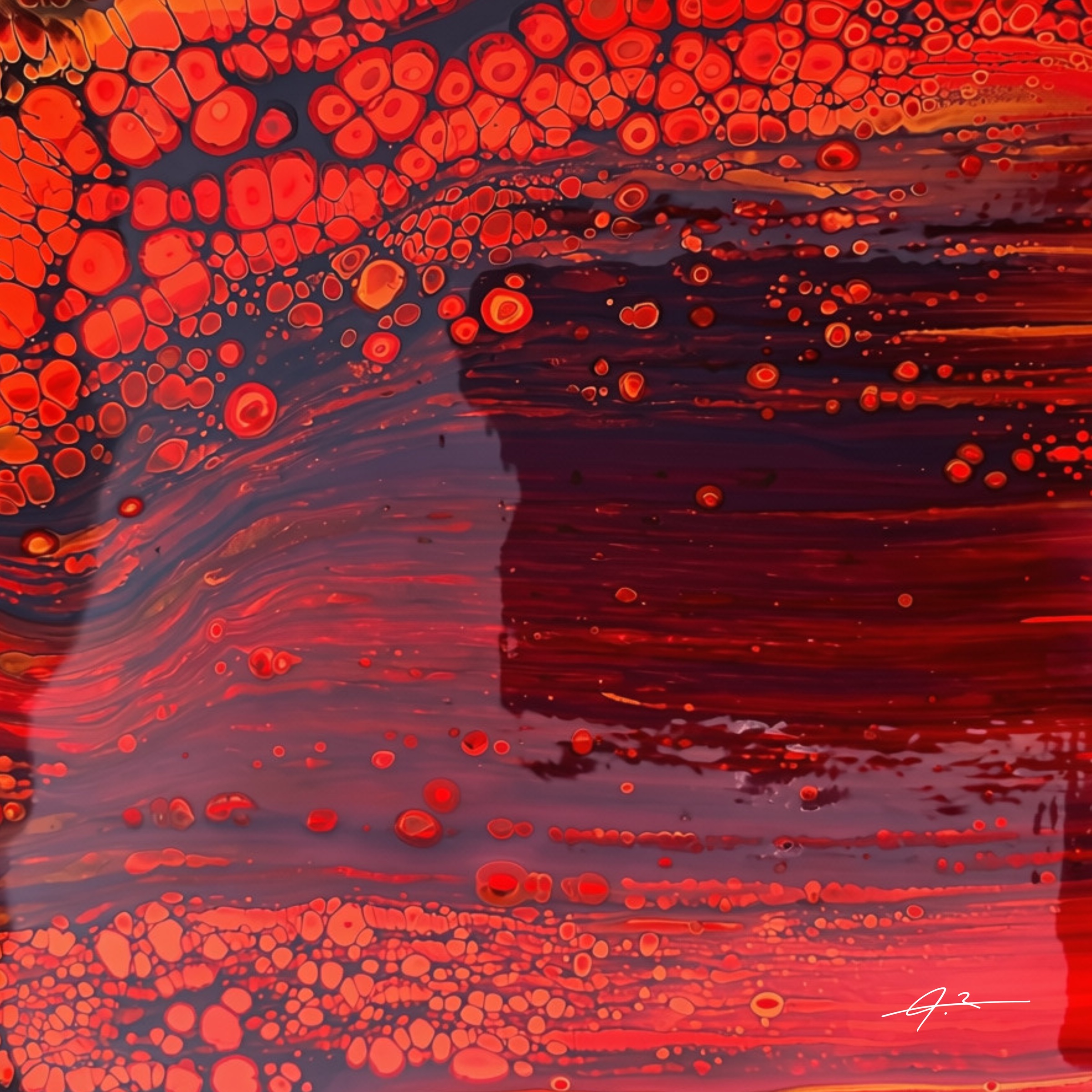 Signed red and burgundy fluid abstract artwork from The Shadow Box