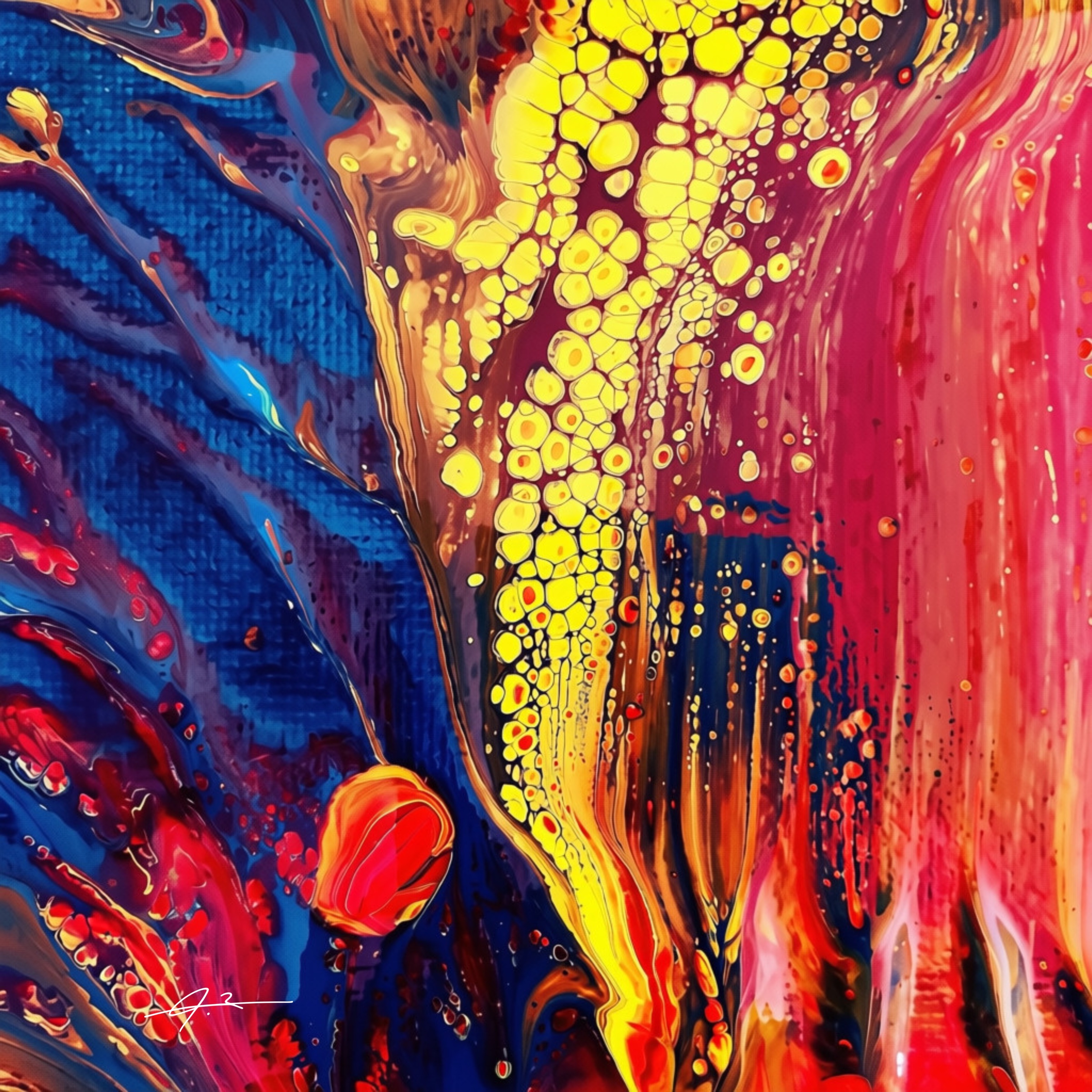 Signed vivid yellow, pink, red and cobalt abstract artwork from The Shadow Box