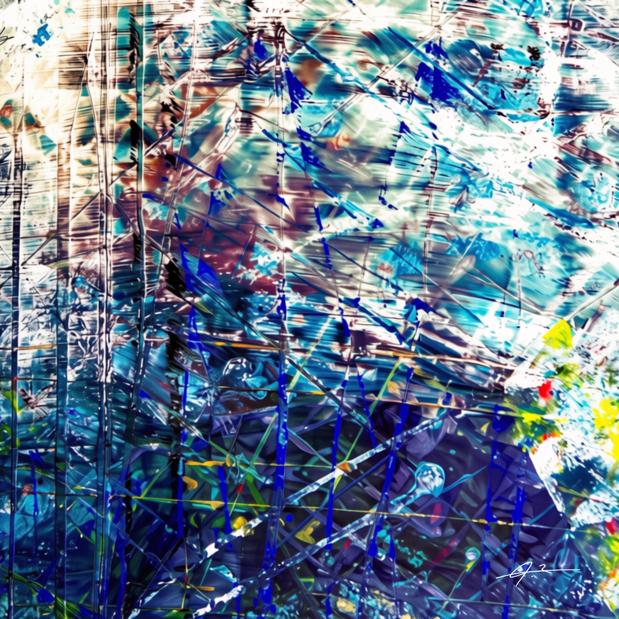 Signed icy blue layered abstract artwork from The Shadow Box