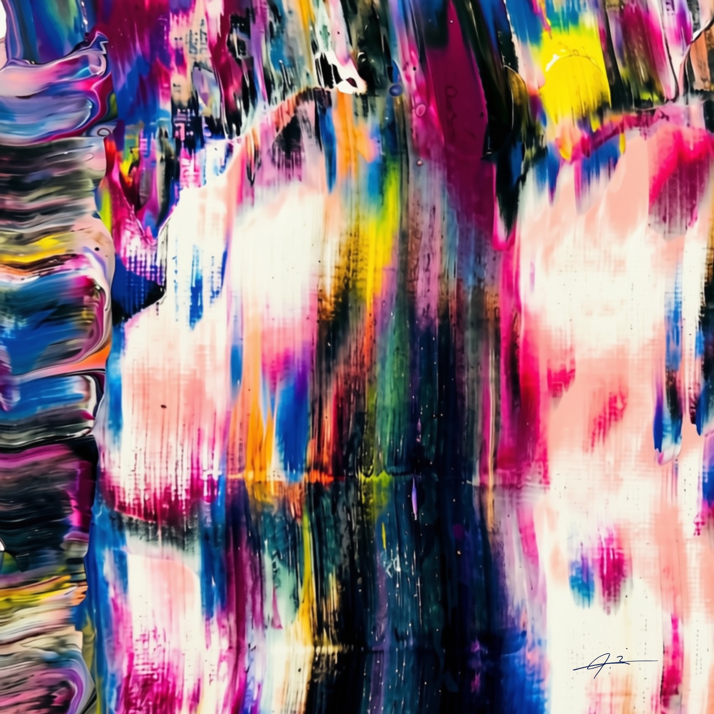 Signed pink, black and blue gestural abstract artwork from The Shadow Box