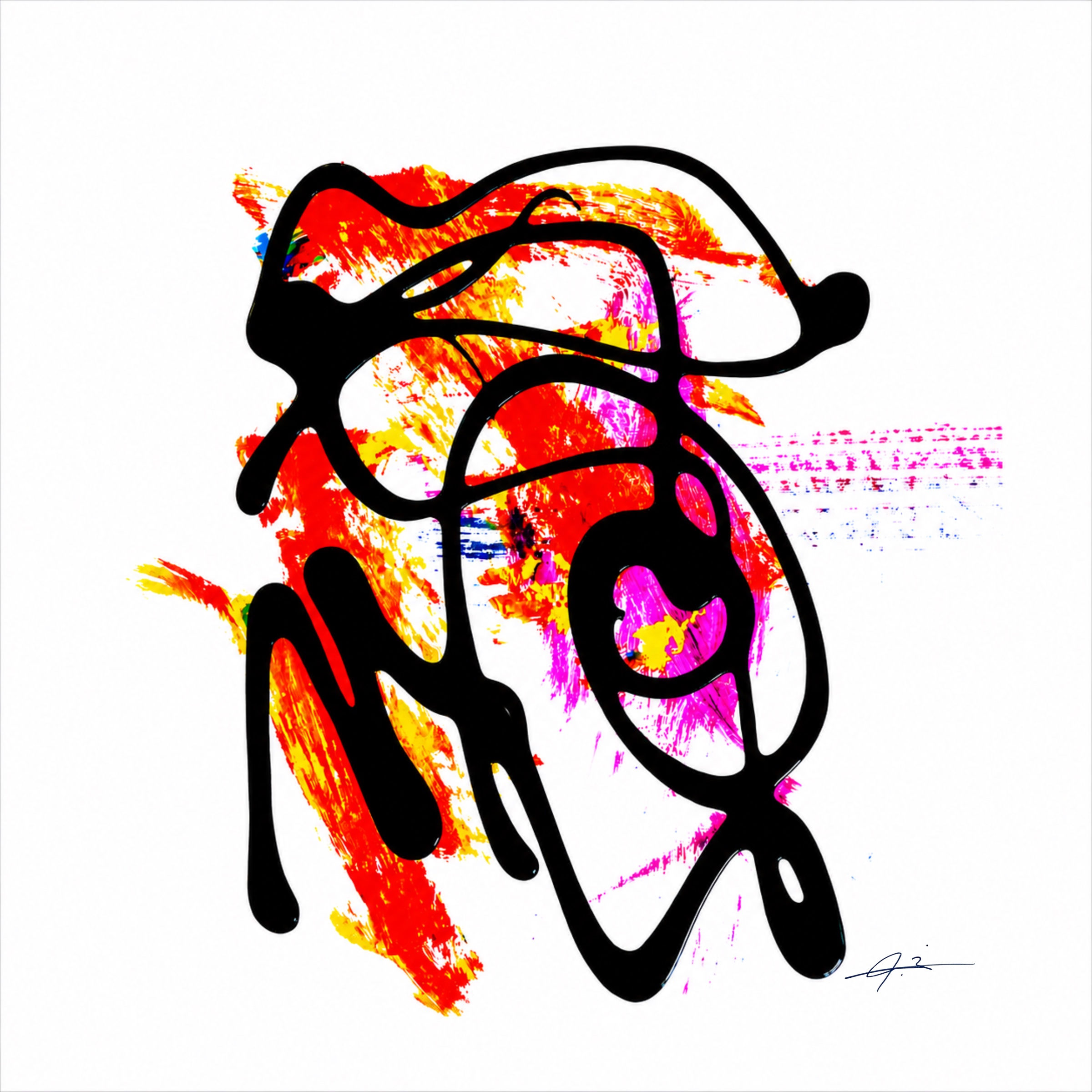 Signed red, pink, orange and black gestural artwork from The Shadow Box