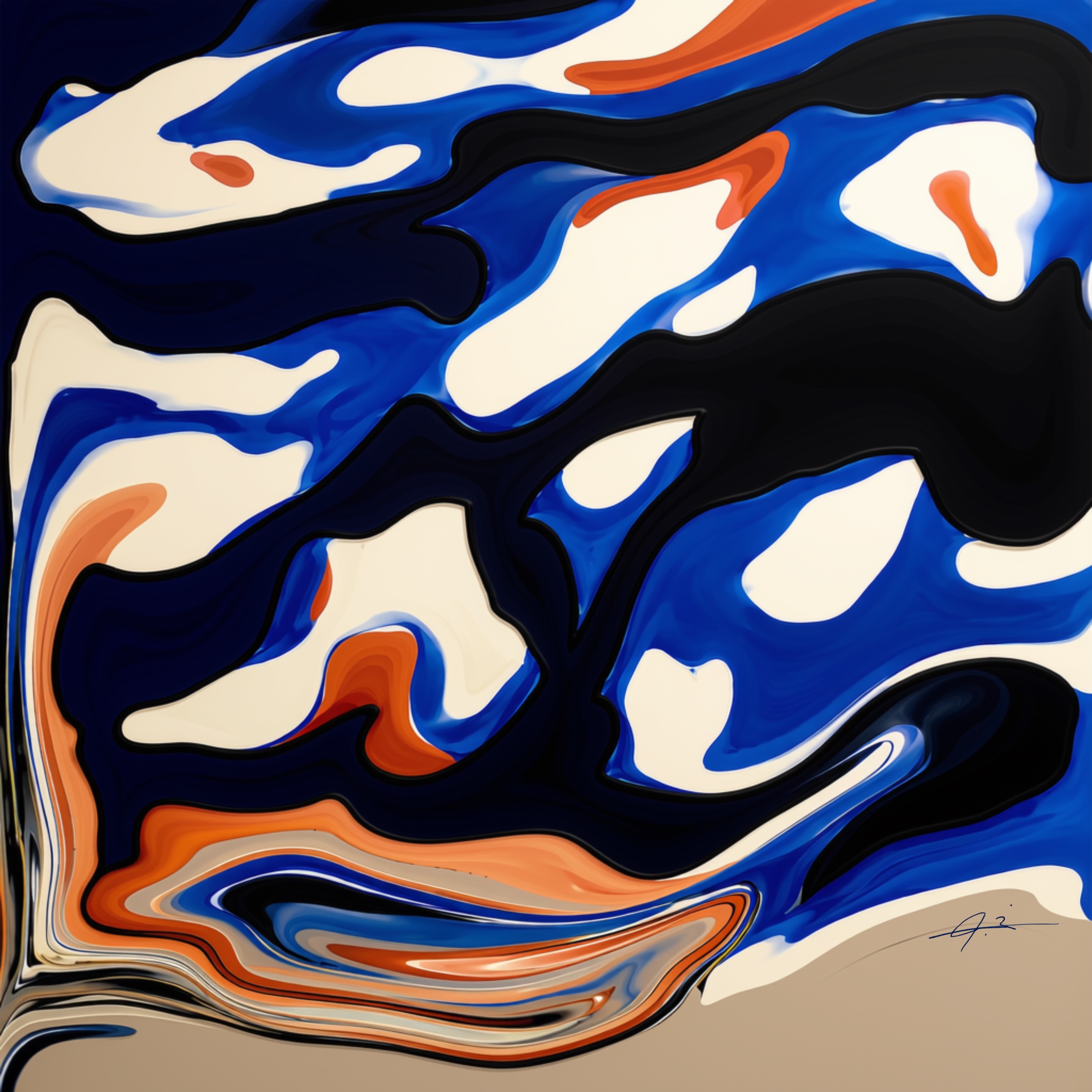 Signed cobalt, navy, cream and orange fluid abstract artwork from The Shadow Box